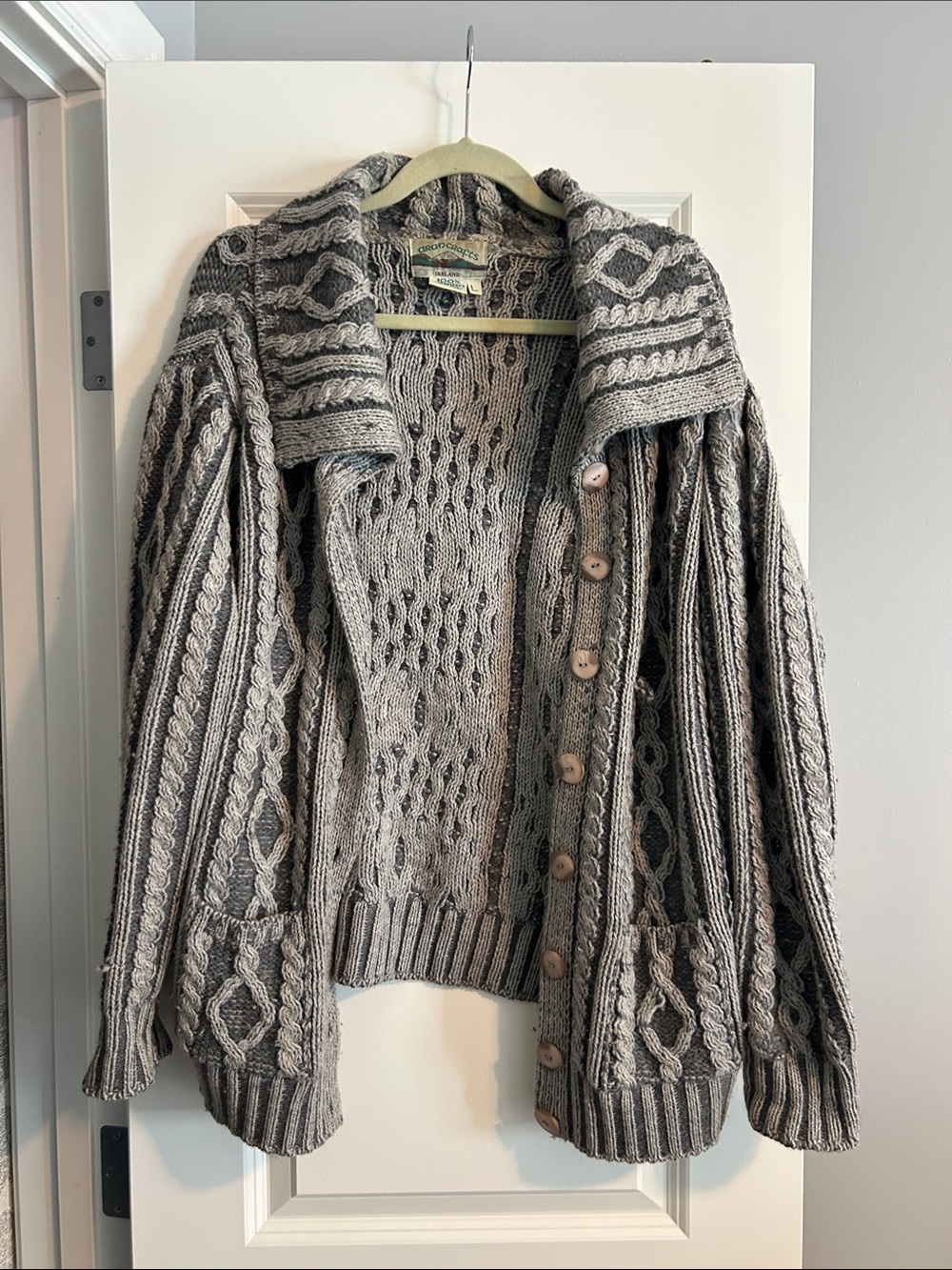 Aran Crafts Gray Cable-Knit Hooded Button Cardigan